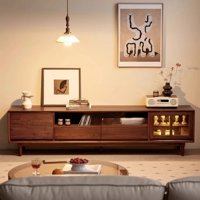 خزانة تلفزيون من خشب البلوط الجوز الأسود، خزانة تلفزيون بسيطة من الخشب الصلب بالكامل، خزانة صوتية وبصرية لغرفة المعيشة المنزلية #1