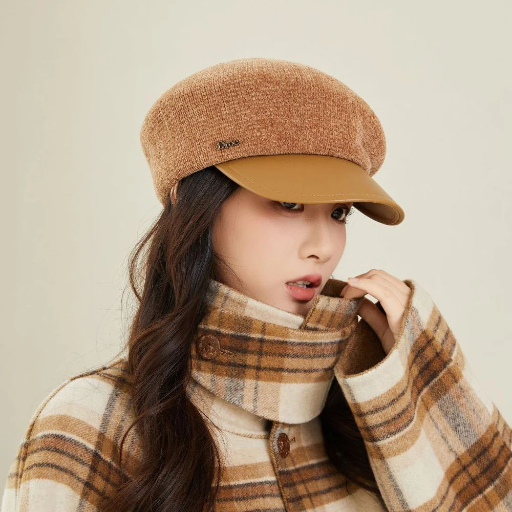 الكورية الشنيل قبعة قبعة بولي Leather الجلود حافة المرأة الخريف قبعة دافئة البريطانية الرجعية قبعة الرسام إلى الأمام القبعات Viisors قبعة القبعات