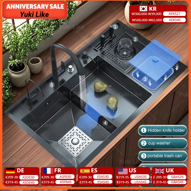 

New Stepped Stainless Steel Sink Kitchen Multifunctional Cup Washer Dishwashing Sinks Large Single Slot Washbasin