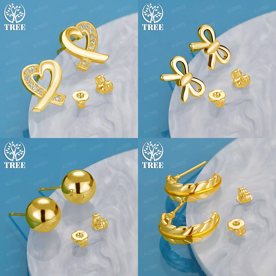 

Luxury Classic 18k Gold Heart Feather Bow Round Bead Stud Earring For Women Engagement Party Fine Cute Jewelry Gift Accessories