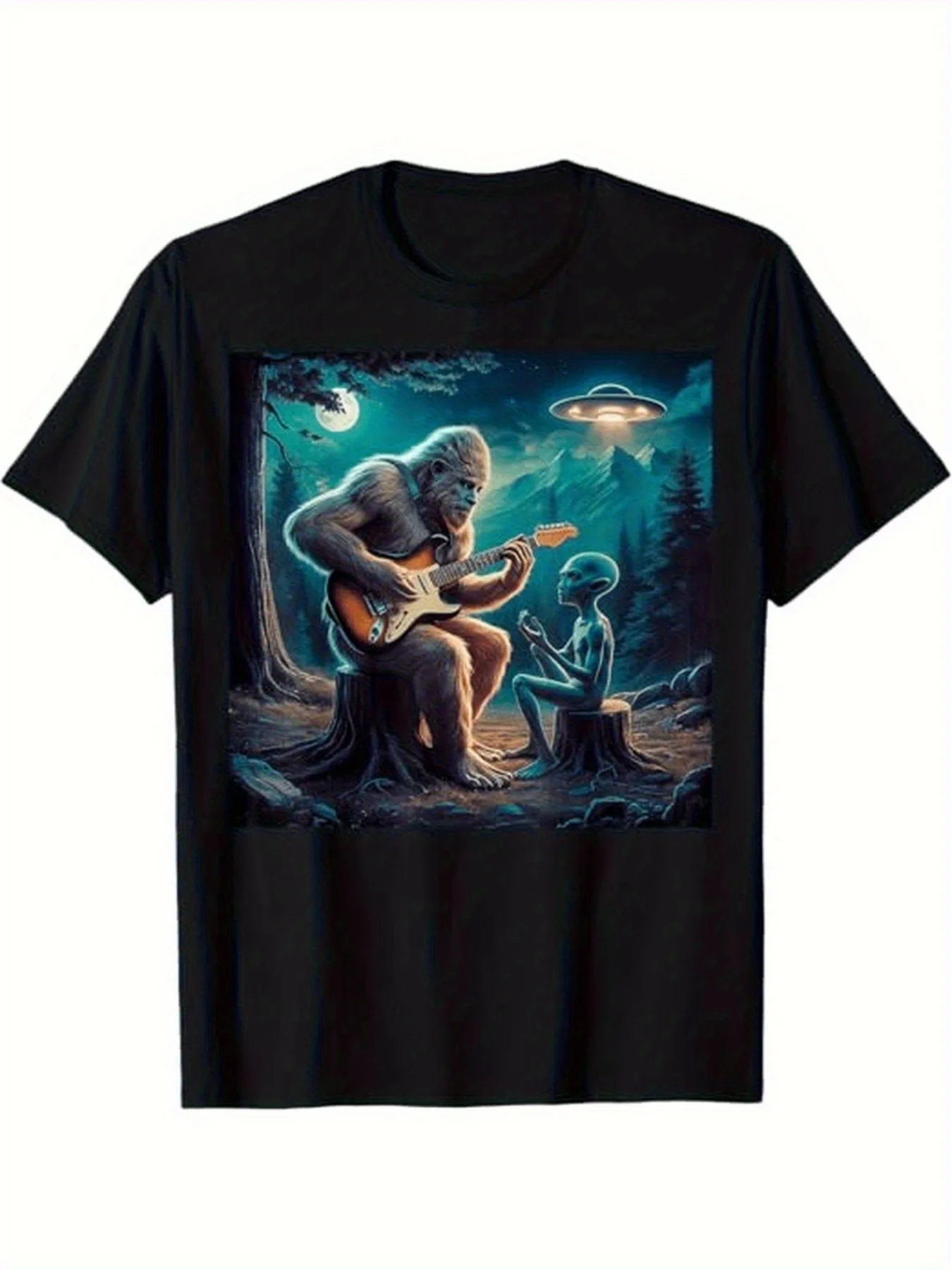 One Men's Retro Alien Guitar Pattern T-shirt, Size SM Crew Neck Short-sleeved Shirt with Bigfoot Print, Casual Top, Suitable for Music Festival Wear and Mysterious Zoology Clothing