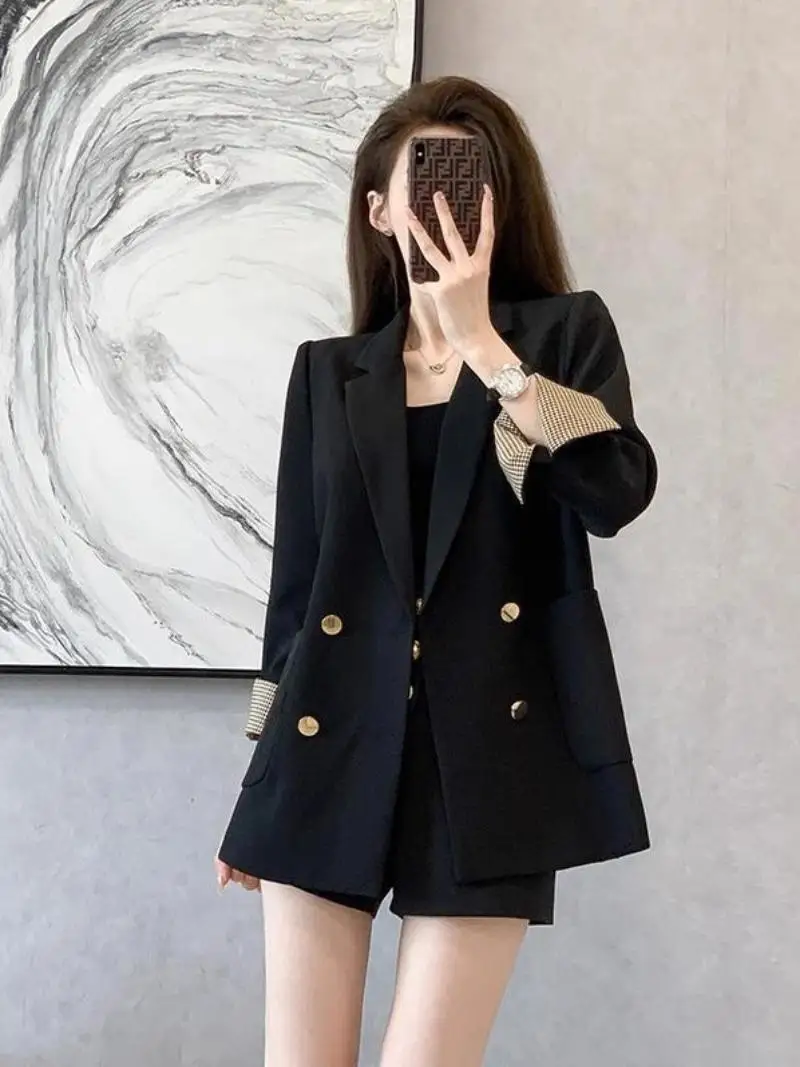 

Черный женский пиджак: осенняя коллекция, премиум-класс, стиль «Маленький аромат», уличный шик, с длинным рукавом, для офиса и повседневной носки