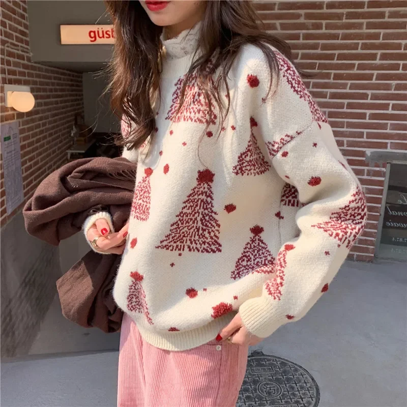 Maglioni pullover esterni stampati con fiocchi di neve dolci autunnali Maglioni casual allentati con o-collo a maniche lunghe Top invernali da donna lavorati a maglia