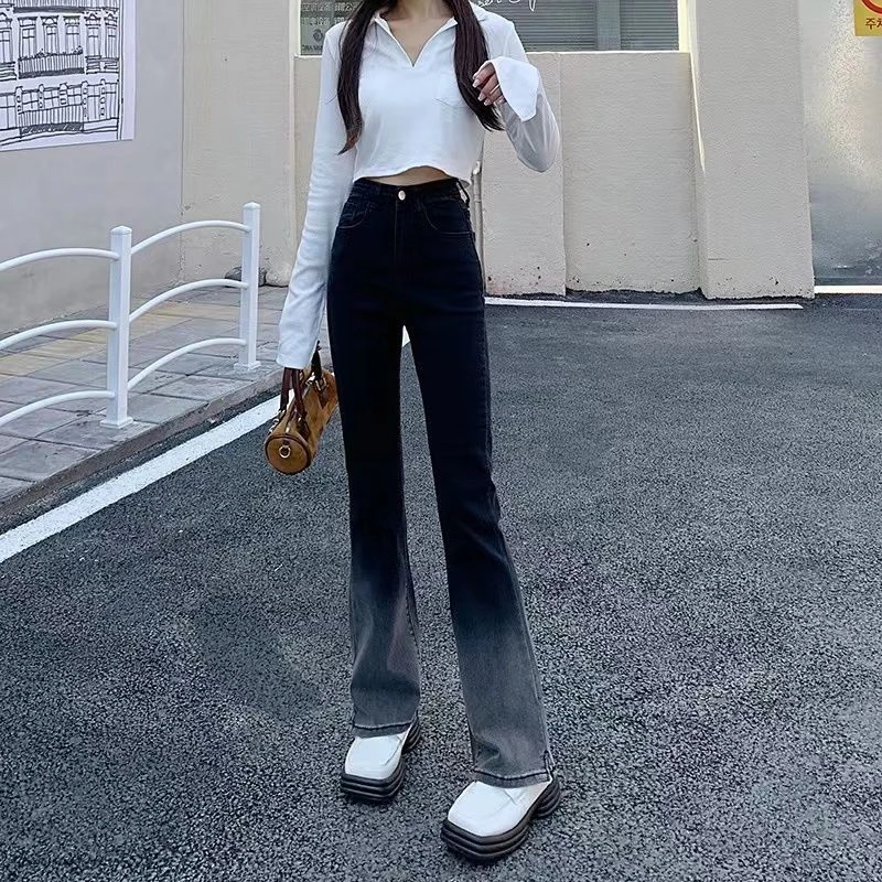 

Stretch flare straight jeans female spring and autumn high-waisted collision gradient Slim horseshoe drag floor long pants