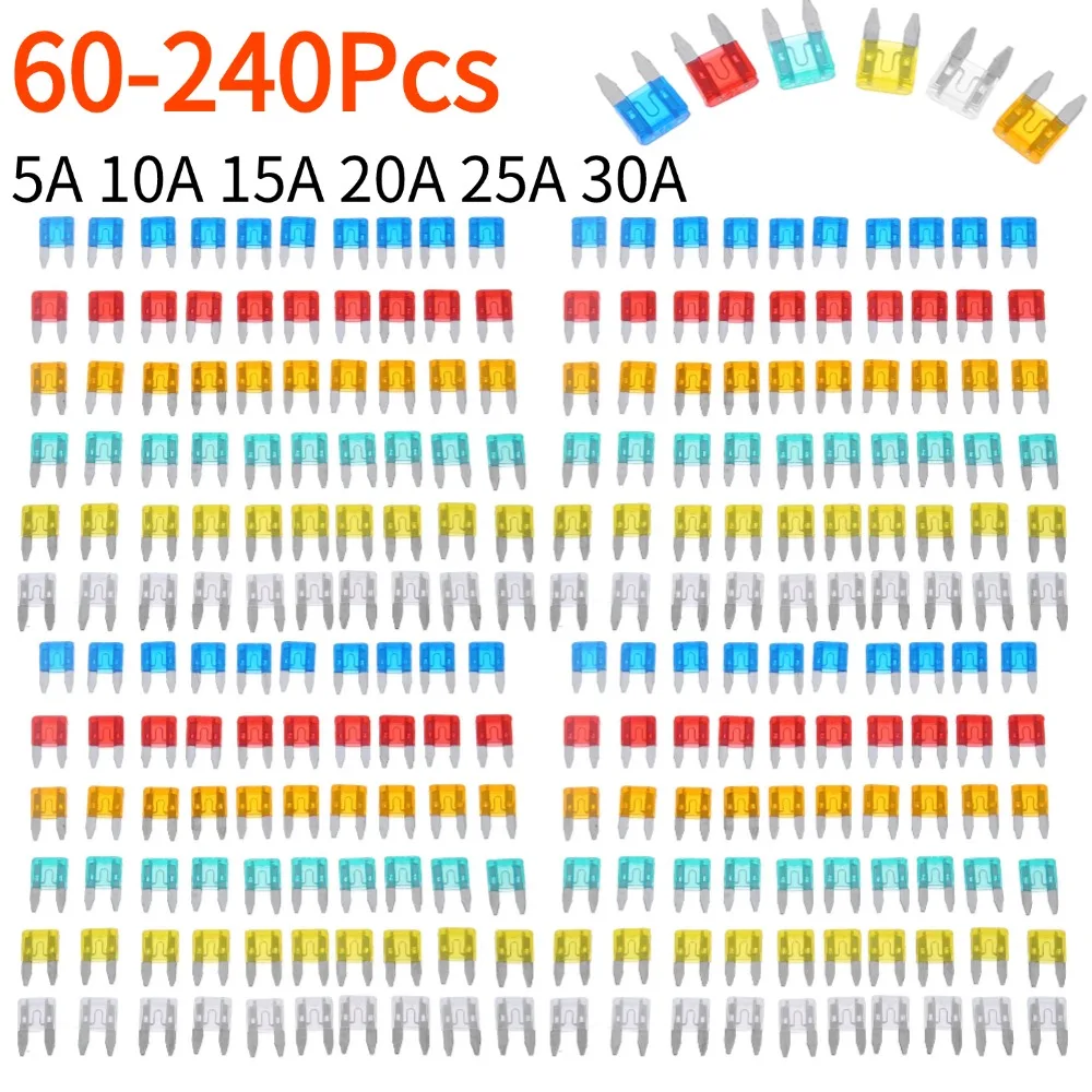 60-240Pcs Auto Car Truck Mini Fuse Mixed Set Kit 5A 10A 15A 20A 25A 30A Bezpieczny asortyment Mini Truck Blade Bezpieczniki Akcesoria