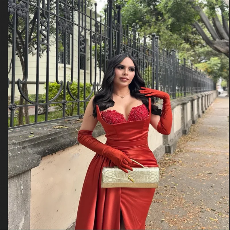 Personalizado lado alta divisão longo trilha plissados vestidos de baile sem alças sem mangas vestidos de noche luvas noite formal