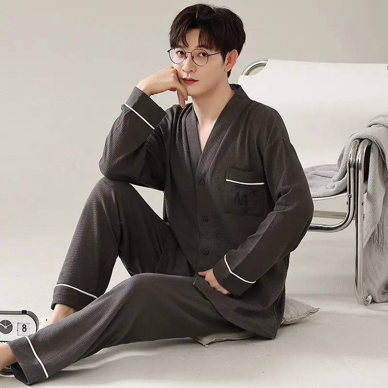 Men's Pajamas High-end Waffle Cotton Spring and Autumn Long-sleeved Cardigan Kimono Loose Plus Size Loungewear Set Winter Simple