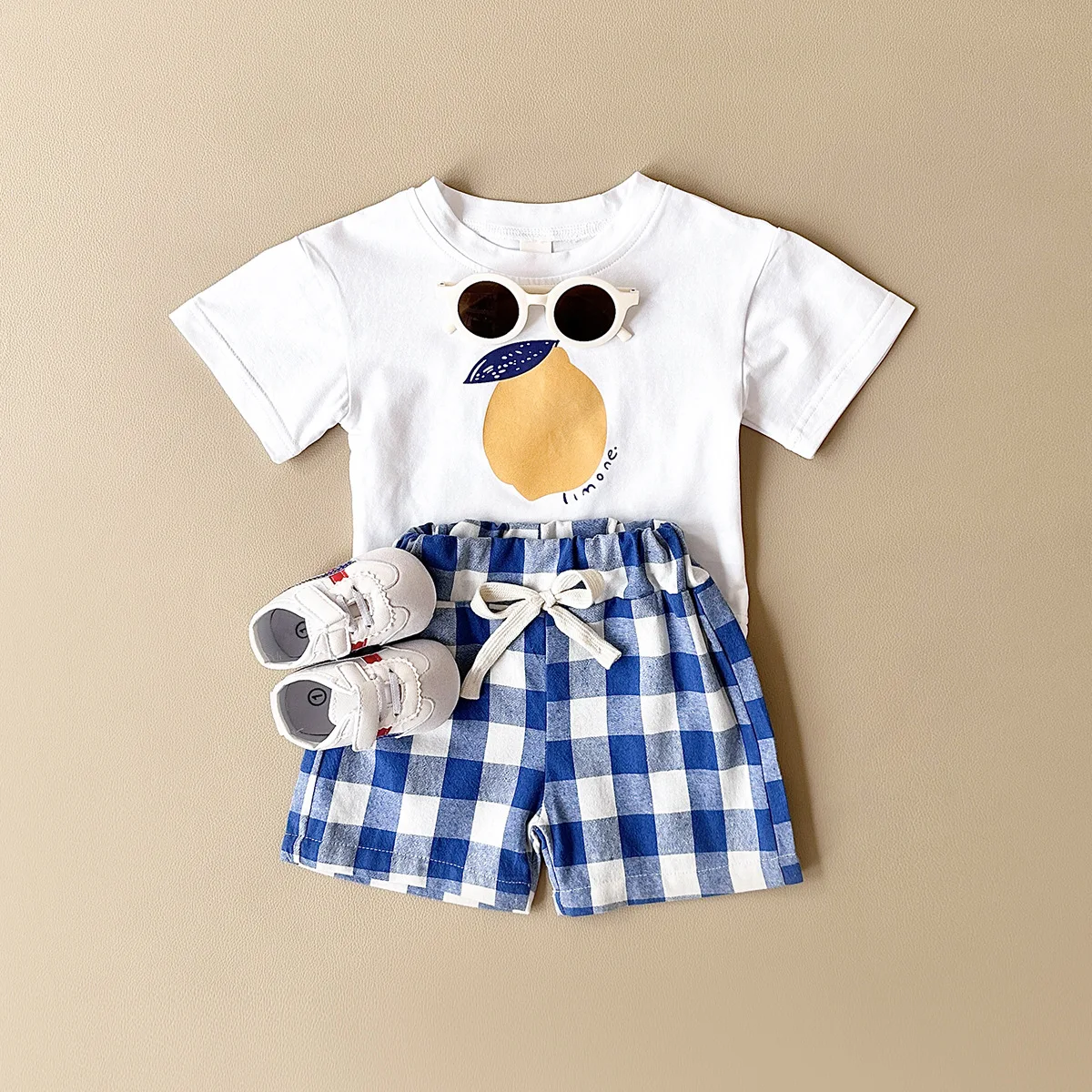 Boys Casual Suit Tee+Plaid Shorts 2Pcs Baby T-shirt Set 0-3Y Toddler Girls Outfit Children's Lemon Printed Top Beach Pants