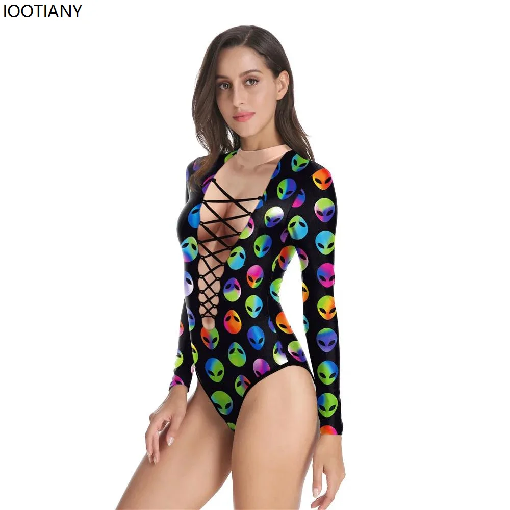 Cosplay Alien Head Pattern 3D Printed Women Swimsuit Summer Casual Long Sleeve Beachwear Bathing Suit Sexy Rave Tight Swimwears