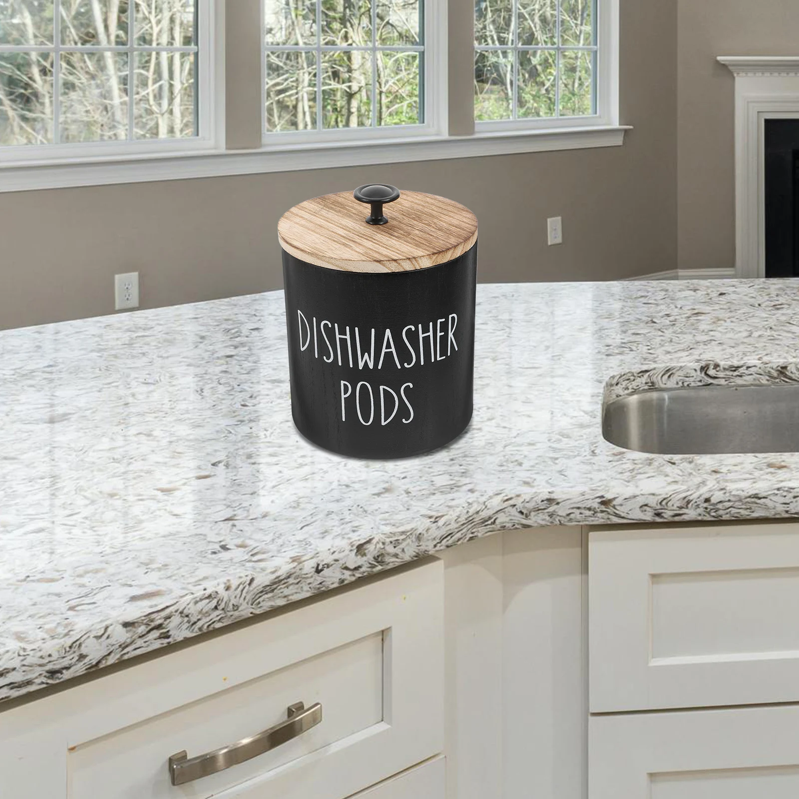 

Wooden Dishwasher Holder Round Storage Box Secure Lid Laundry Tablets Dryer Sheets Container Kitchen Organizer