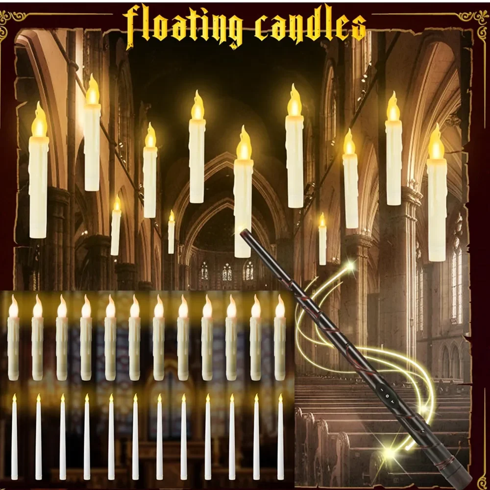 Floating Candles with Magic Wand Remote Control Flickering Warm Light Flameless Taper Candle for Christmas/Wedding/Party Home