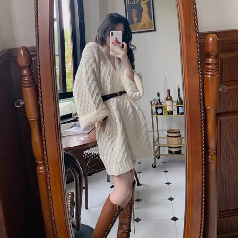 

Knitted Dress Lazy V-Neck Knitted Top Pullover Loose Outer Wear Chic Versatile Korean Sweater Skirt Women Autumn Winter