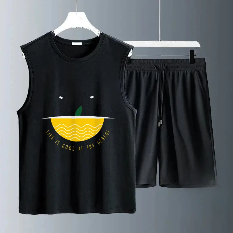 

2025 Summer Daily Wear Yellow big mouth print Men's Sets Sleeveless Casual Comfortable Lightweight Outfit for Men suits gym sets