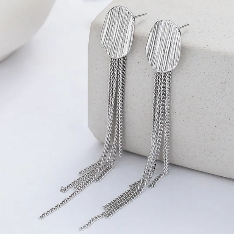 

Real Solid 925 Sterling Silver Stud Women Lucky Chain Tassel Dangle Earrings 6.8g