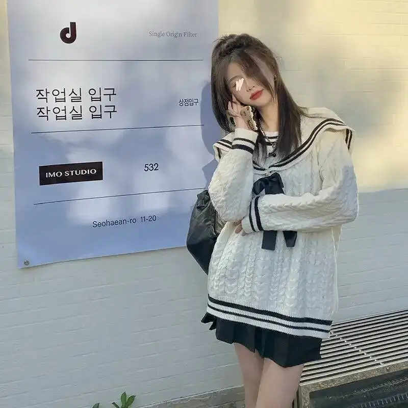 

Winter New Women Sets Preppy Style Cute Sailor Collar Sweater Pleated Solid Color Short Female Vintage Knit Top Mini Skirt