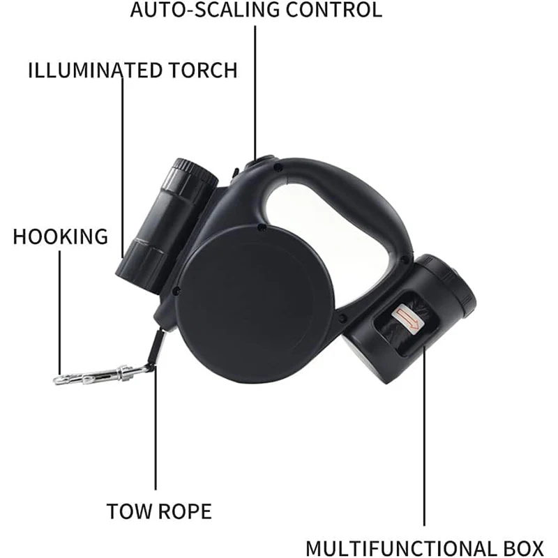 Laisse en nylon rétractable robuste et durable avec poignée coordonnante, housse de sac à caca qui ne s'emmêle pas, lampe de poche, métadonnées