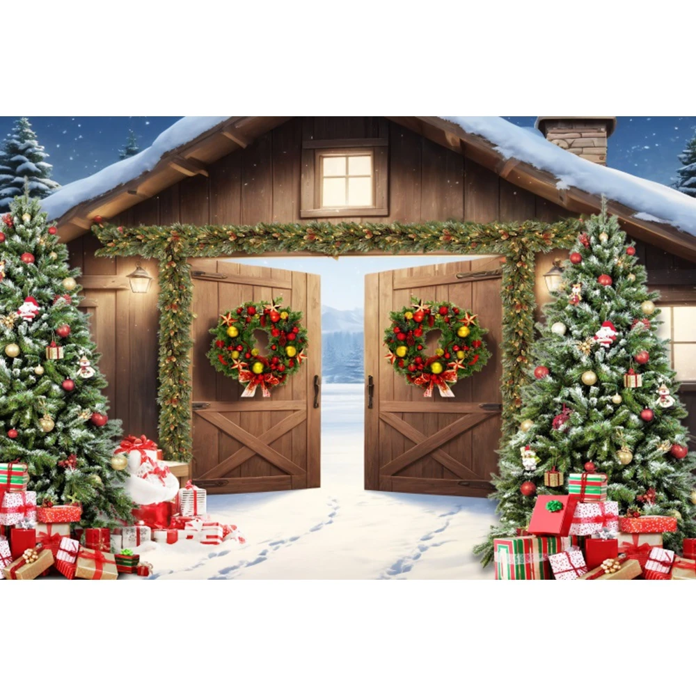 Christmas Backdrop Red Wooden Door Xmas Tree Forest Gifts Fireplace Wreath Christmas Kids Family Portrait Photography Background