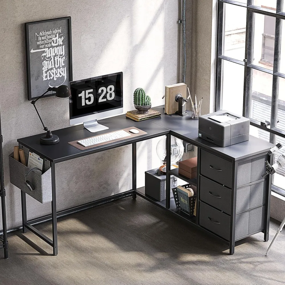 

L Shaped Desk with Drawers, Computer Desk with Storage & Shelves, Corner Desk with Storage,L Shape Desks with Storage, Black