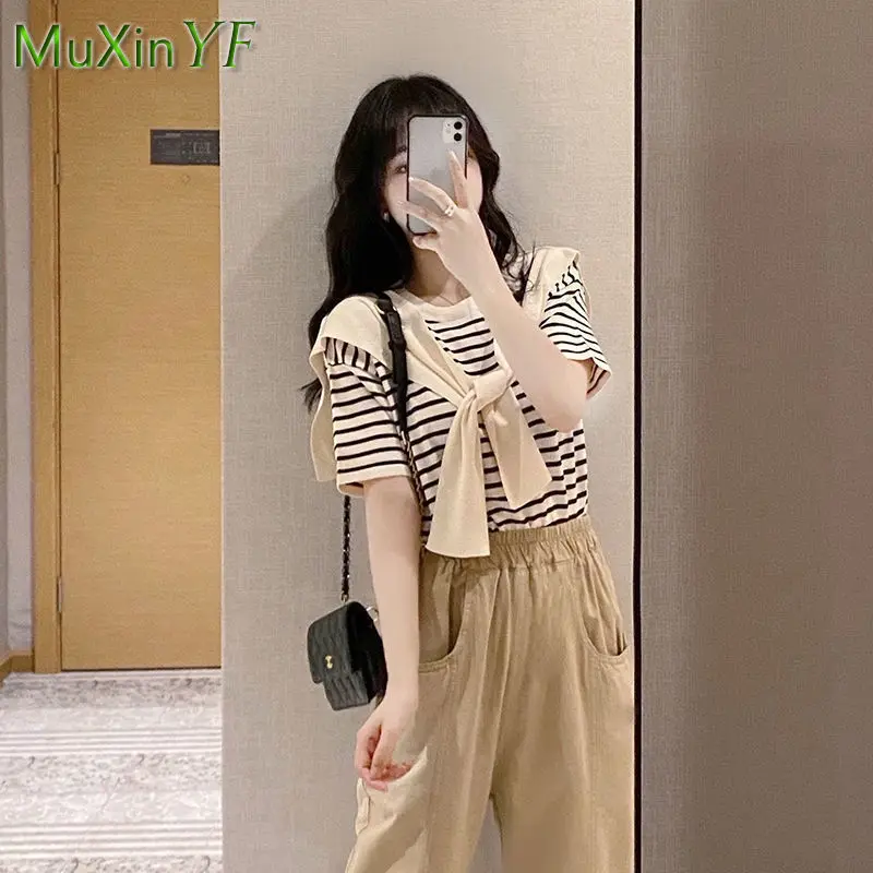 Women\'s Casual Shawl Top Pants Three Piece 2022 Summer New Striped T-Shirt Trousers Suit Female Korean Elegant Clothes Set