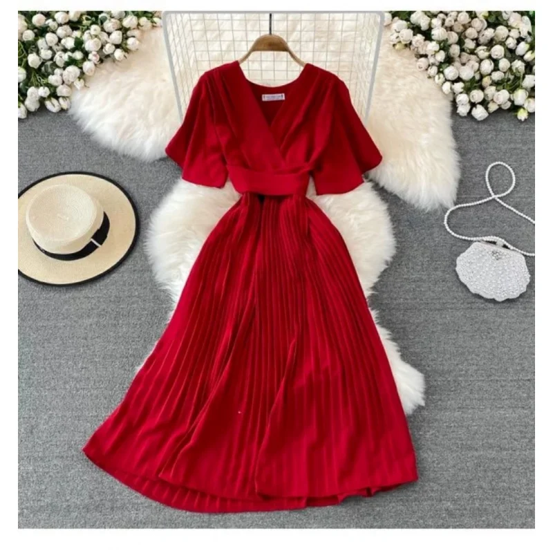 

2025 Summer New V Short Sleeve Over Knee Slim Fit Pleated Elegant Lady Waist Tie Large Hem Midi Dress C001
