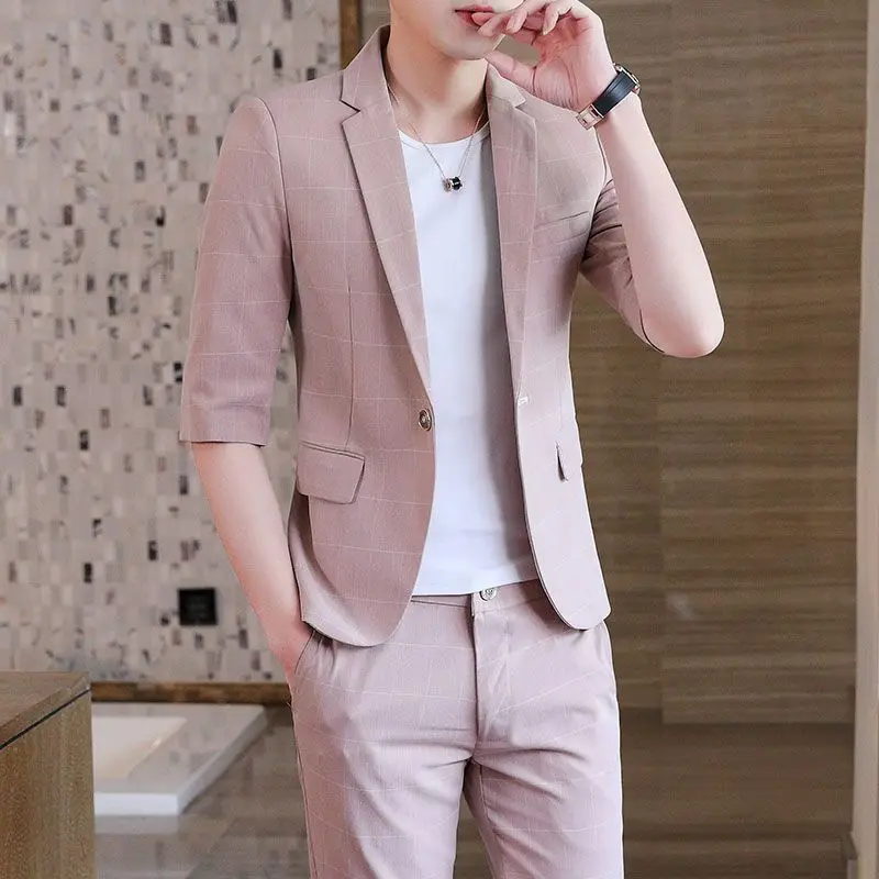 H118 Spring and Autumn Men's Suit Set Plaid Business Professional Slim Fit Groomsmen Dress