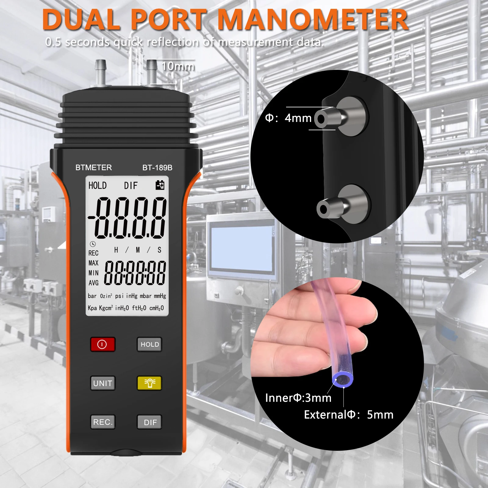 Portable Digital Differential Pressure Gauge, BT-189B Dual Port Air Pressure Detection, For HVAC & Gas Pressure Systems Test - Image 3