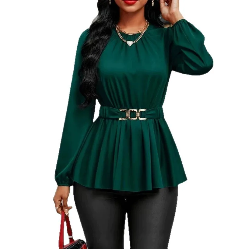 Round Neck Long Sleeve Top with Waist Cinched Casual Pullover Autumn Commuter Chic Elegant Regular Sleeve T Shirts for Women