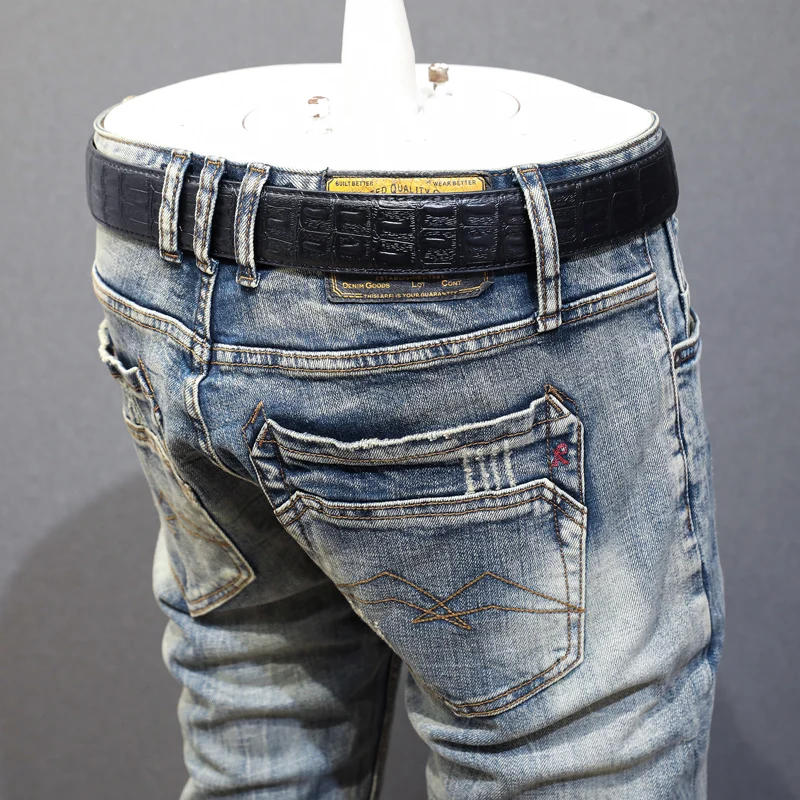 Fashion Designer Trendy Men Jeans Retro Washed Blue Elastic Slim Fit Ripped Jeans Men Trousers Vintage Casual Denim Pants Hombre
