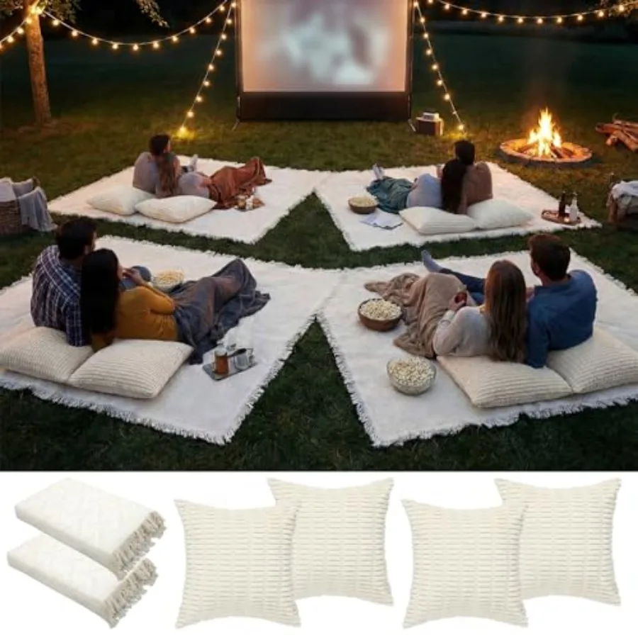

2 Pcs Extra Large Outdoor Picnic Blanket 91" x 71" with 4pcs Throw Pillow Covers for Movie Party Woven Cotton Yarn Oversize Bea