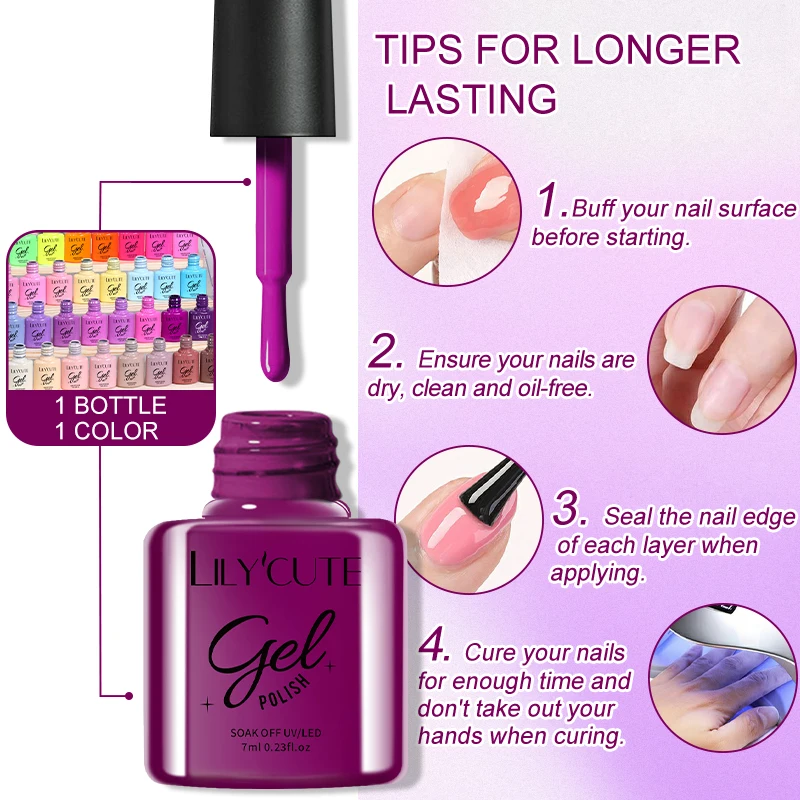 LILYCUTE 6Pcs/Set Purple Color Series Nail Gel Glitter Semi Permanent UV LED Gel Nail Art Soak Off Polish Kit Design Manicure
