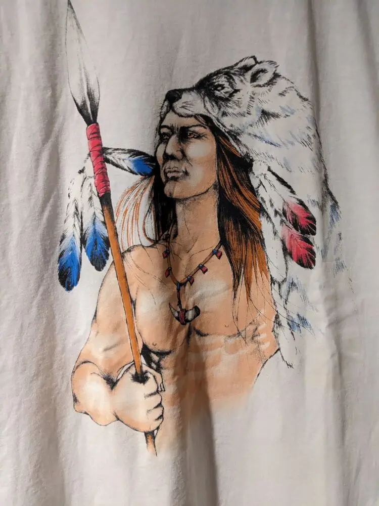 Vintage 90s Native Tribal Wolf Animal Nature Hunting White Large T-Shirt