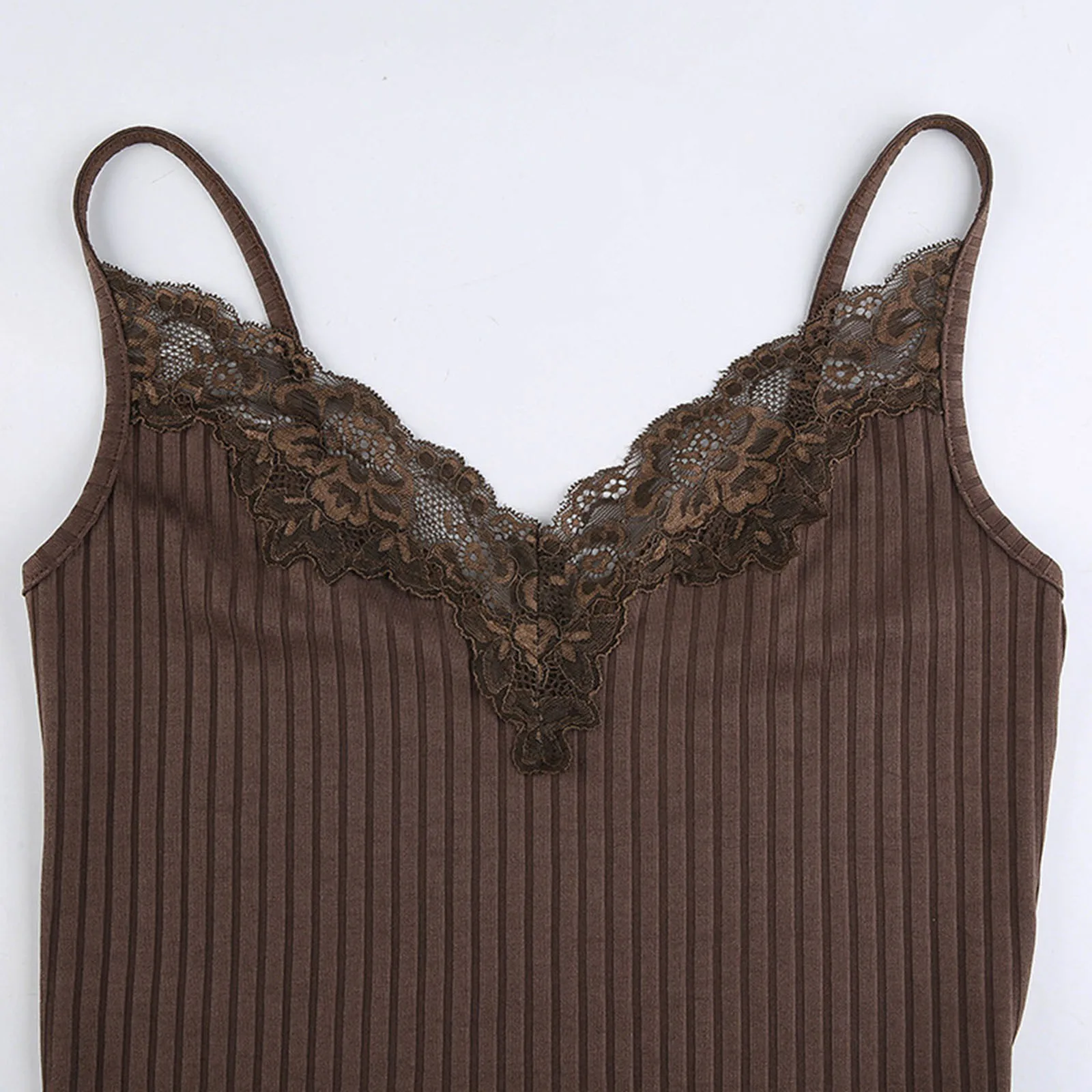 Brown Lace Trim Ribbed Tops Women Summer Sexy V Neck Cami Vest Vintage 90s Y2K Crop Top Gobincore Fairy Grunge Aesthetic Clothes