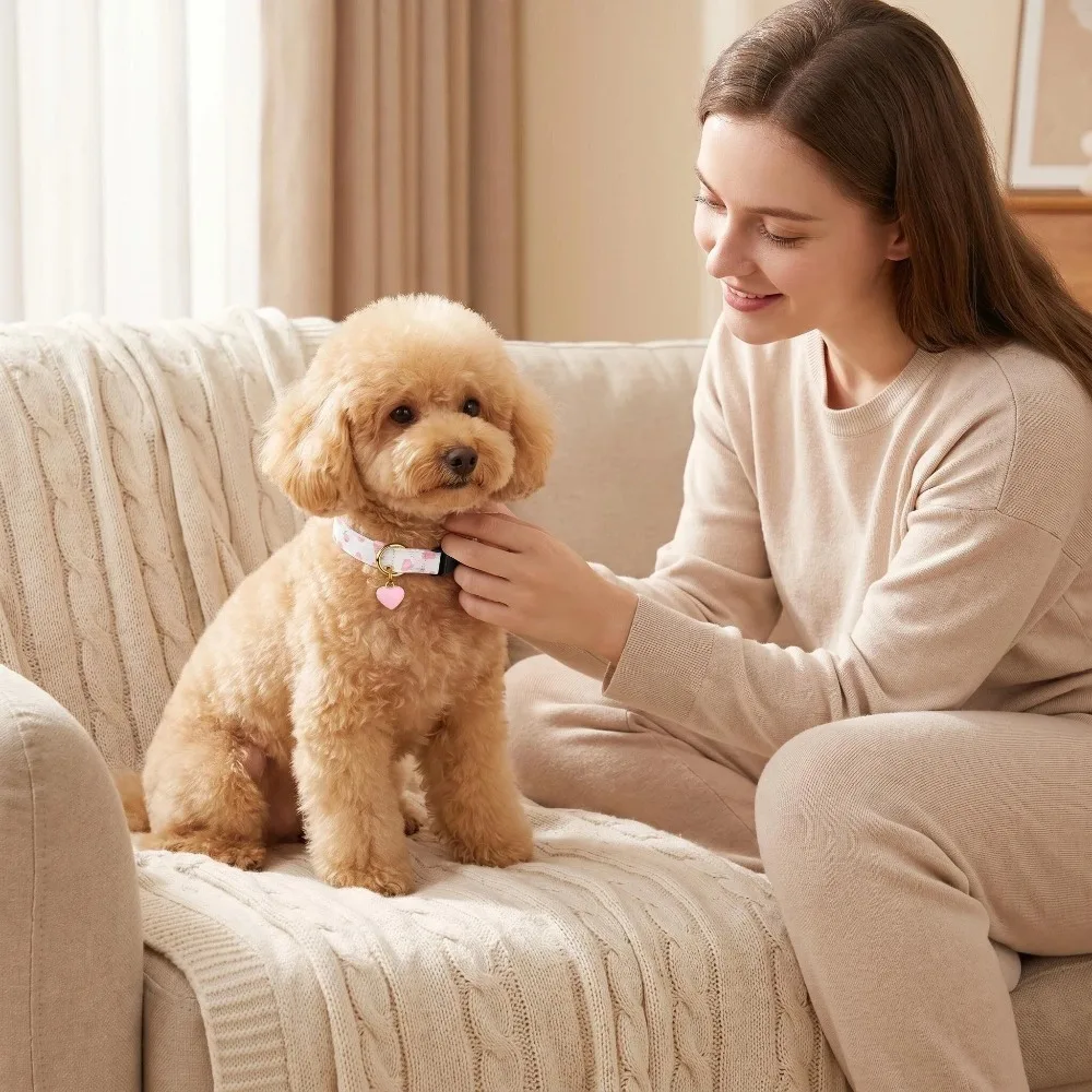 Baumwoll-Hundehalsband, niedliches rosa Liebes-Hundehalsband für Komfort mit Chrysanthemen-Schmuck, geeignet für Katzen, Hunde, große und kleine Hunde – Detail 5