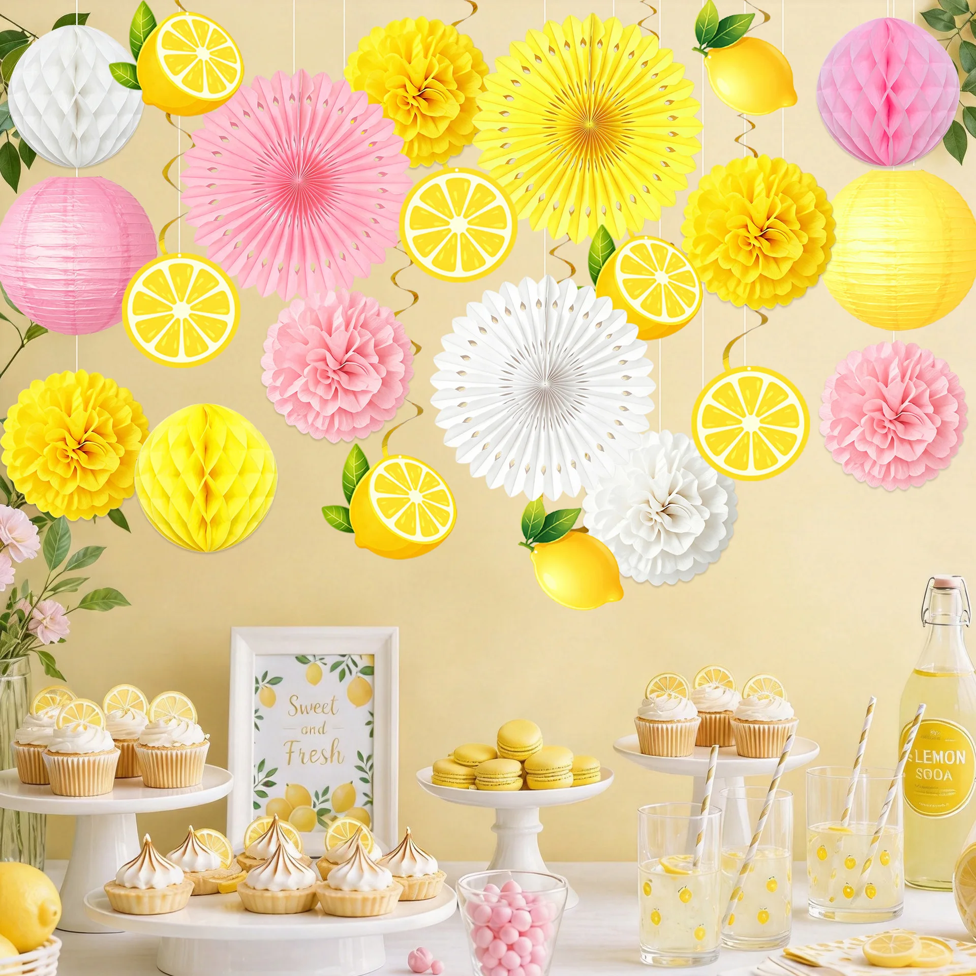 Summer Lemon Party Decor Yellow Pink Hanging Paper Fans Pom Poms Lantern for Lemonade Stand for Birthday  Italian Backyard Decor