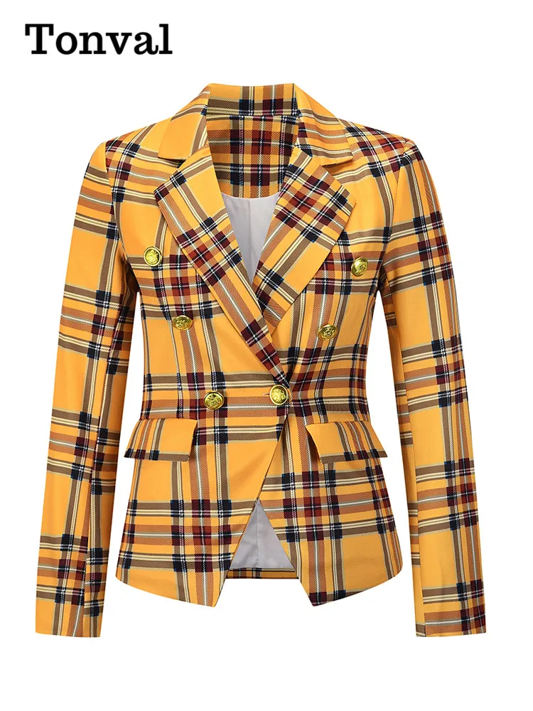 Capispalla Vintage Tonval Tartan donna cappotti autunnali doppiopetto 2024 blazer da ufficio Slim a maniche lunghe