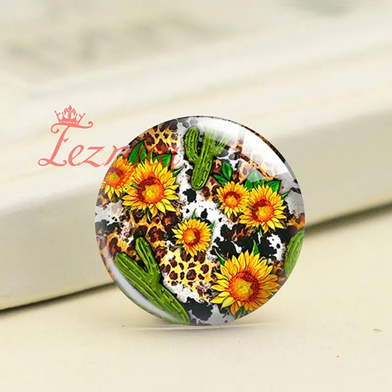 Western Sunflower Horseshoe Cross Cactus Round Photo Glass Cabochon Demo Flat Back For DIY Jewelry Making Supplies Snap Button