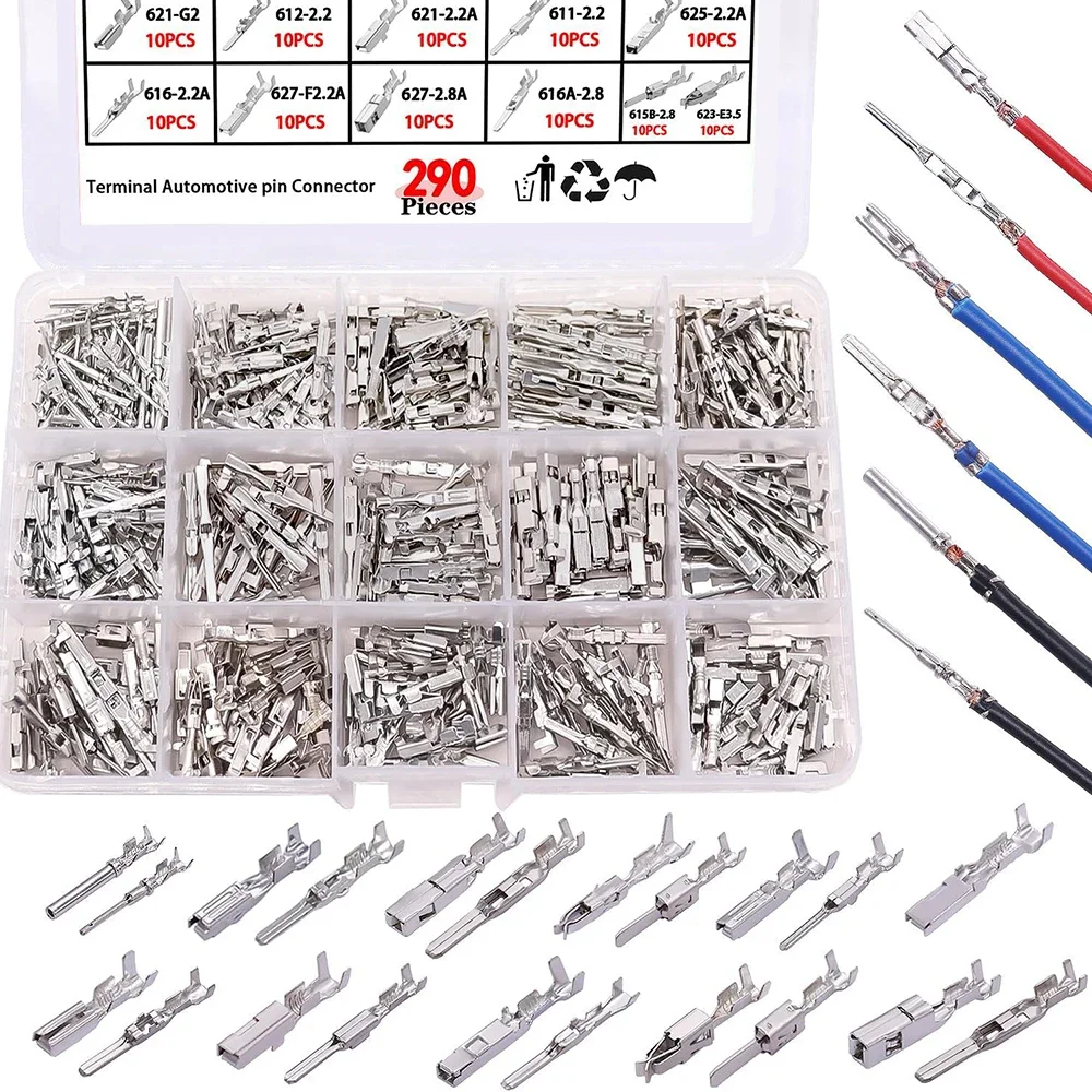 290PCS Flat Plug Cable Car Wire Terminal Pin Connectors 1-3.5mm Connector Pins Terminal Auto Electric Male Female Crimp Pins