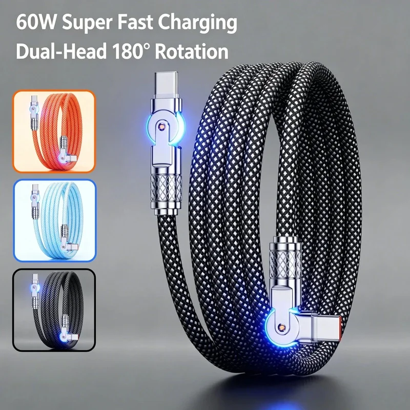 Dual‑Head 180° Rotation Type‑C Cable, 60W PD Super Fast Charging Braided Charger Wire with LED Indicator