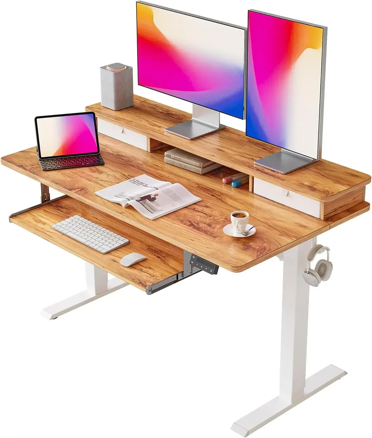 Standing Desk with Drawers, Adjustable Height Desk with Keyboard Tray, Stand Up Desk with Storage Shelf, 48 x 24 Inchs