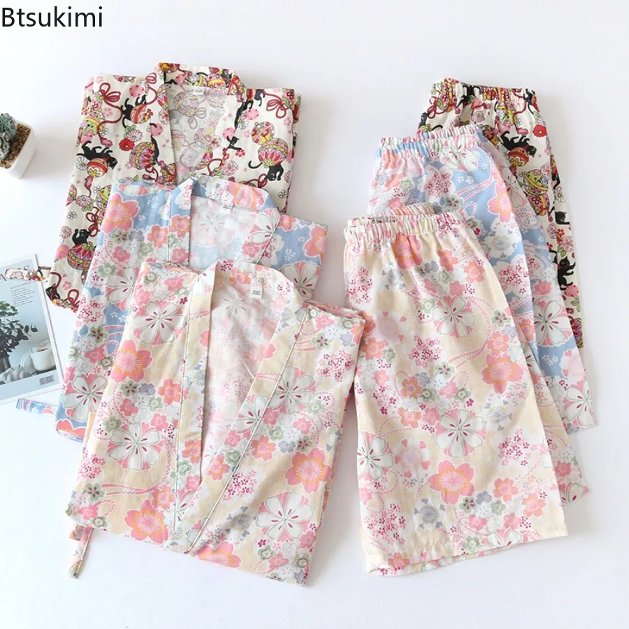 New 2025 Women's Summer Sleepwear Short Sleeve Short Sets Cotton Gauze Home Clothing Cute Sweetness Two Piece Pajamas Set Female