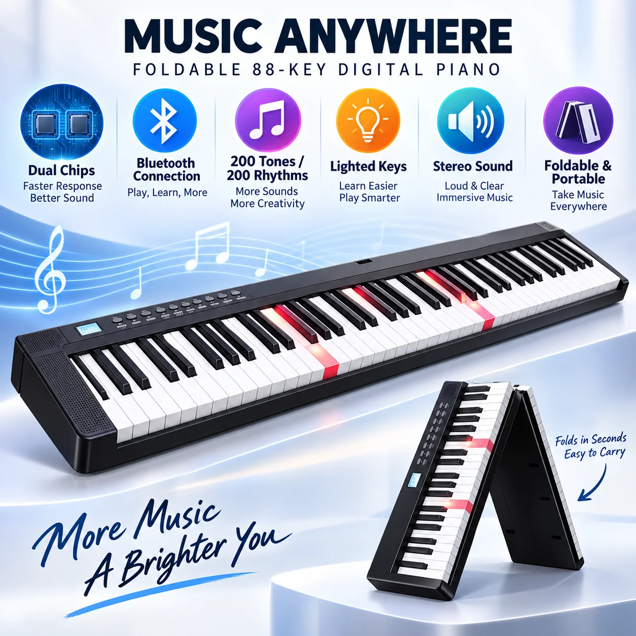 88/61 Keys Foldable Digital Piano Bluetooth MIDI Lighted Electronic Keyboard Synthesizer for Kids Adults