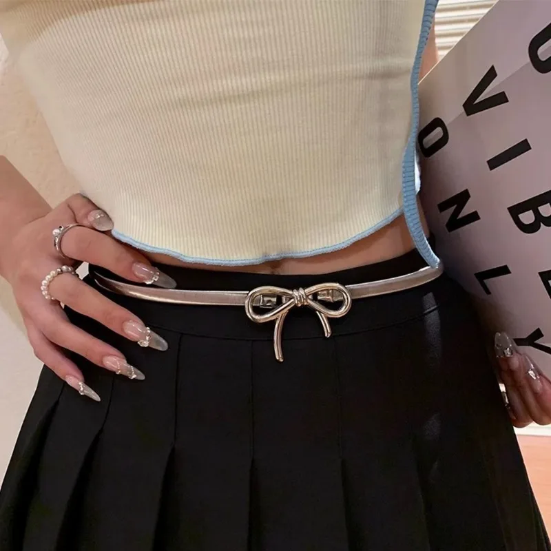 

Hollow Bow Belts Summer Women Girls Silver Color Metal Elastic Belts Casual Comfortable Thin Dress Belts Party Fashion Accessory