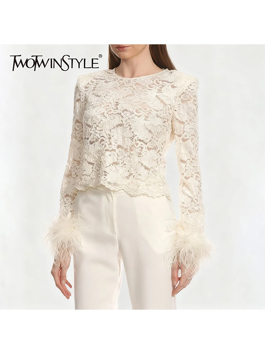 

TWOTWINSTYLE Solid Sheer Spliced Lace Elegant T Shirts for Women Round Neck Long Sleeves Patchwork Feathers T Shirt Female New