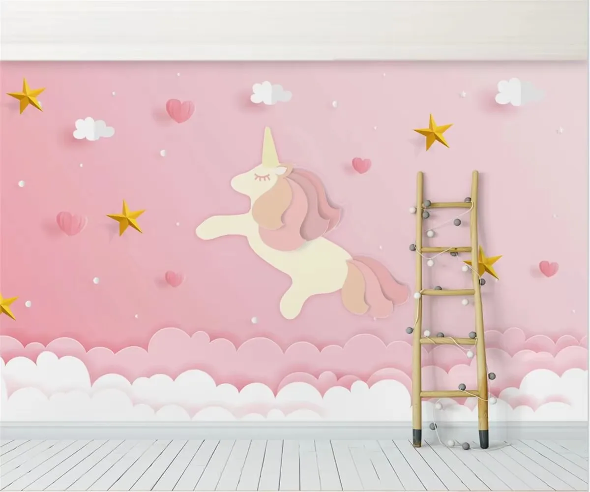 Custom papel tapiz wallpaper pink clouds fantasy unicorn stars Girl room kids room background wall mural stickers wallpaper