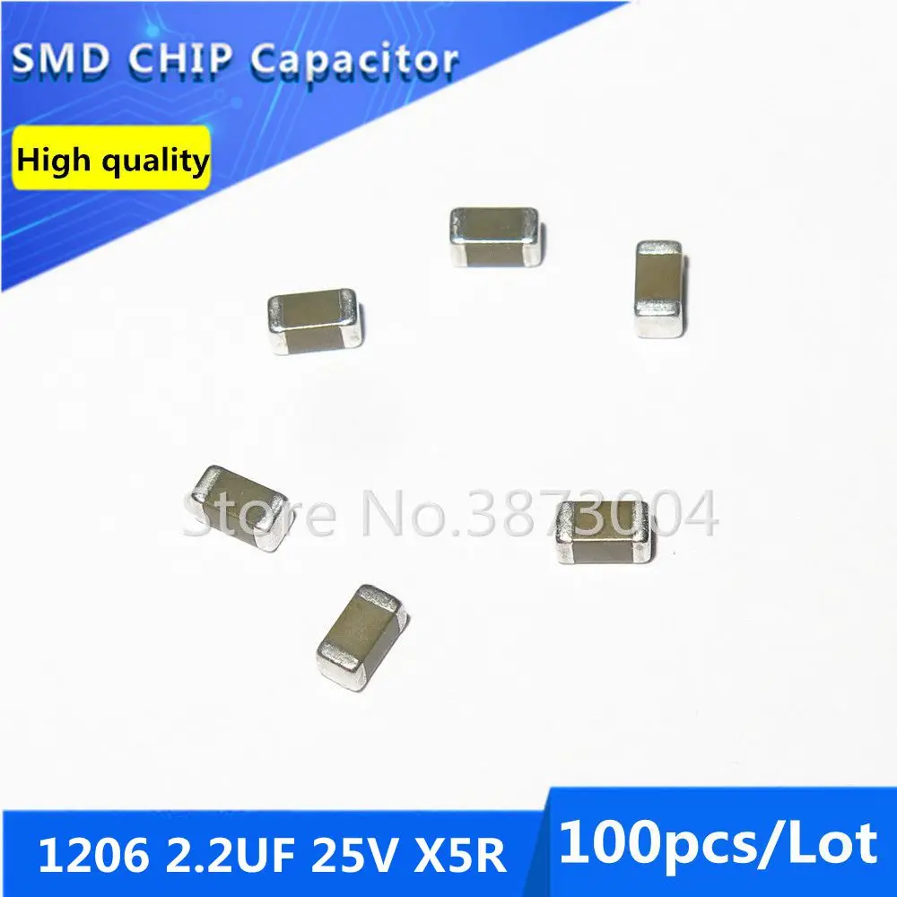 

100pcs 1206 2.2UF 25V X5R 10% Thick Film Chip Multilayer Ceramic Capacitor