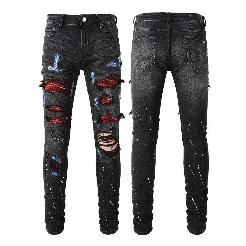 

Vintage Black Ripped Stretch Jeans High Street Style Low Waist Zipper Closure Casual Straight Leg Long Pants for Youth