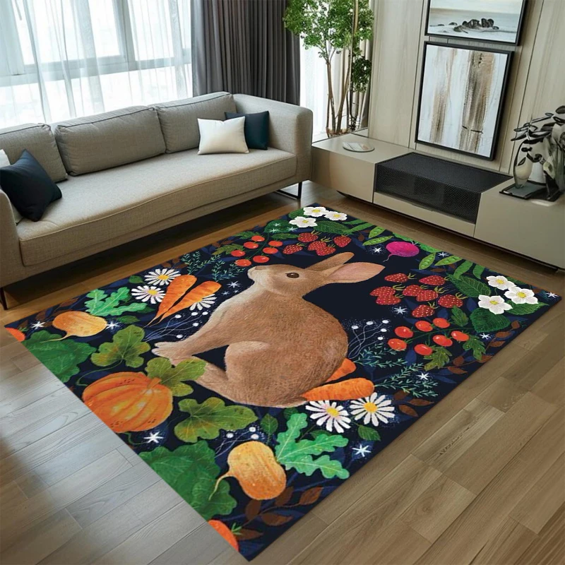 かわいいグレーのウサギ柄エリアラグ、ヴィンテージ風の花柄ポピ - Soft Rug Nursery のレビューと価格