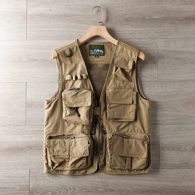 Men's Outdoor Hiking Cargo Waistcoat Vintage Solid Color V-Neck Multi Pockets Sleeveless Tops Summer Casual Loose Simple Vest