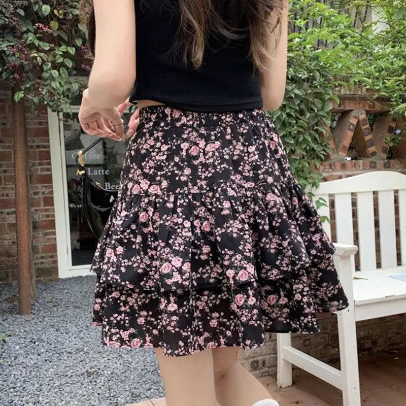 Hot Summer High Waist Floral Print Cake Skirt for Women Fashion Slim Fit and Slimming Short Skirt Temperament Elegant Mini Skirt