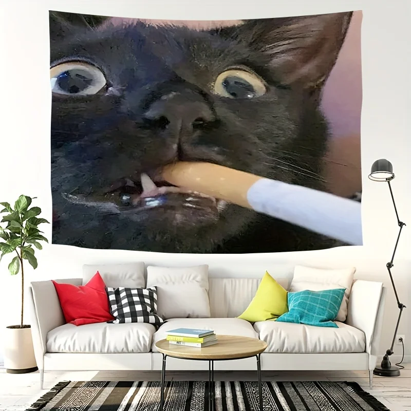 Funny Cat Smoking Meme Tapestry Cool Room Stuff Wall Art Aesthetic Room Decor Large Tapestry Nice Gift For Friends